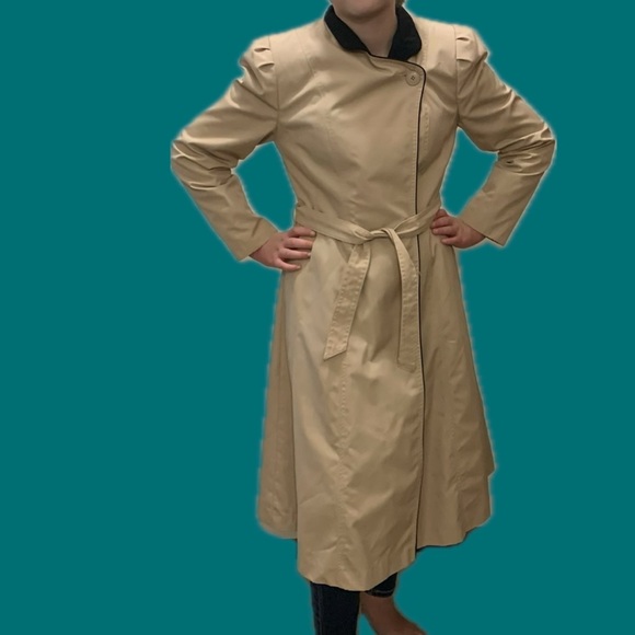 Vintage 80s Tan and black wrap trench coat.  (Small) - Picture 1 of 15